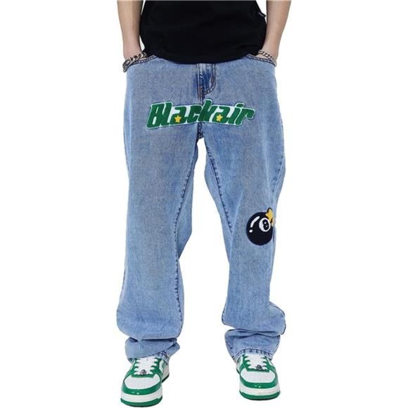 Men’s Jeans Baggy Straight Fit Wide Leg Pants Casual Denim Trouser, Blue